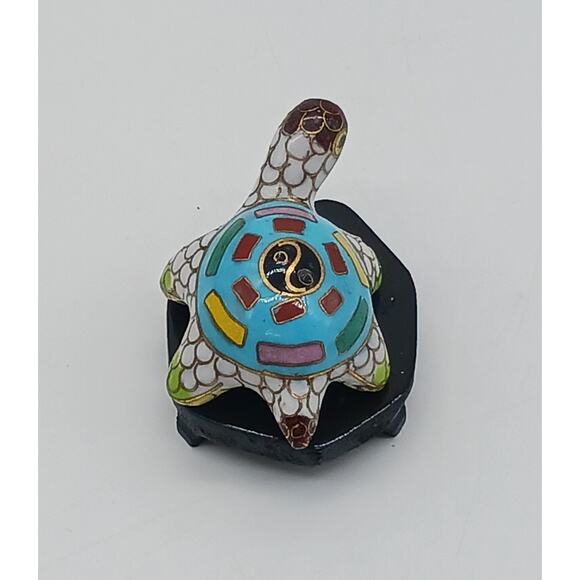Cloisonne Enamel Colorful Turtle With Wooden Stand Figural Figurine Miniature - Picture 4 of 8